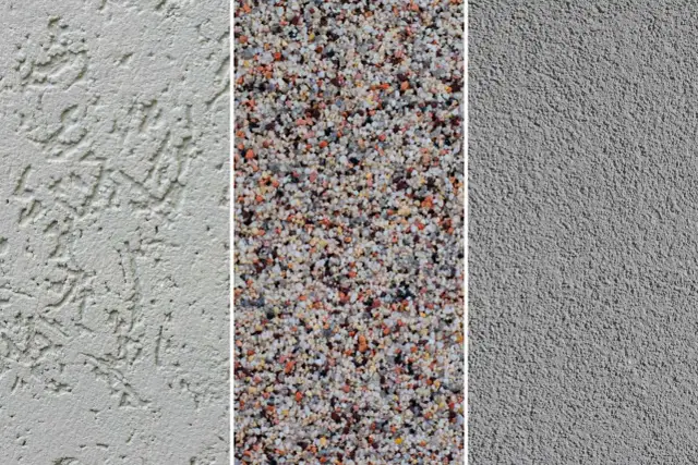 Trzy rodzaje tynków mineralnych: z fakturą, z kamyczkami i gładki.