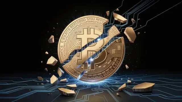 Złoty symbol Bitcoina rozpadający się na kawałki na tle cyfrowych obwodów.