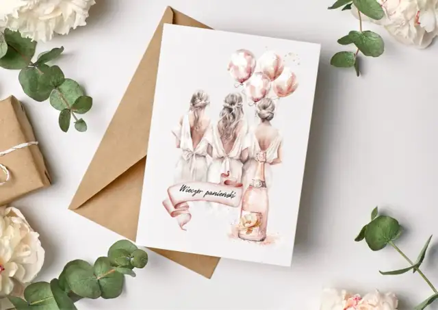 Ilustracja z dziewczynami w białych sukniach, balonami i szampanem. Idealna na teksty życzeń na wieczór panieński.
