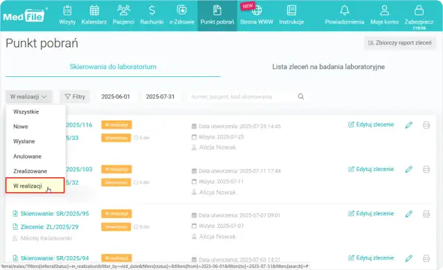 Widok listy skierowań do laboratorium, z zaznaczoną opcją "W realizacji". Widoczne są dane zleceń i pacjentów.