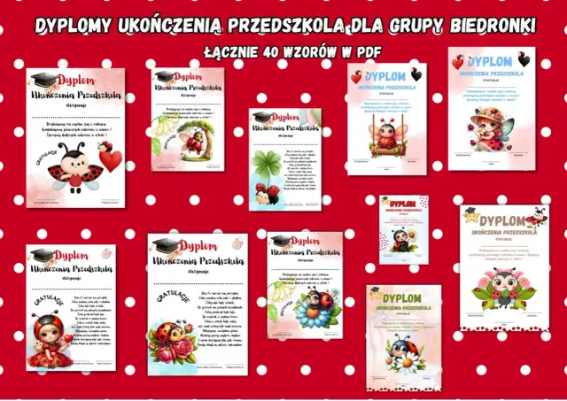 Dyplomy ukończenia przedszkola w Polsce dla grupy Biedronki. Urocze grafiki z biedronkami i kwiatami.