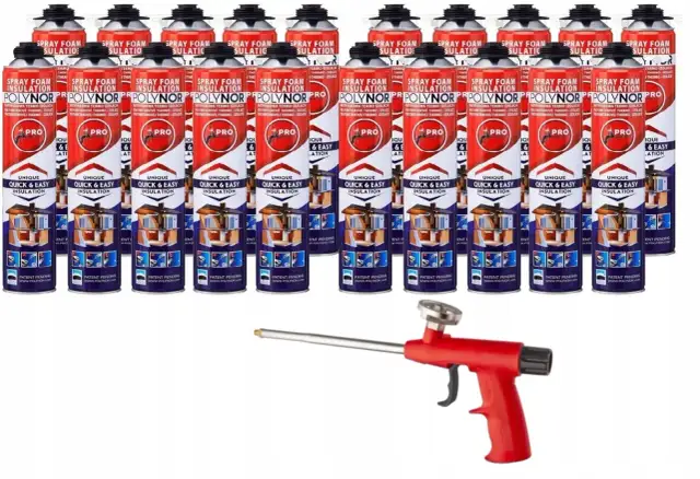 Rząd puszek z pianką izolacyjną natryskową PolyNOR PRO obok pistoletu do pianki.