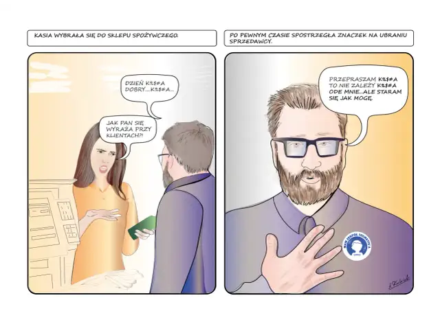 Kobieta w sklepie spożywczym z oburzeniem zwraca się do sprzedawcy, który ma na ubraniu znaczek "Mam zespół Tourette'a".