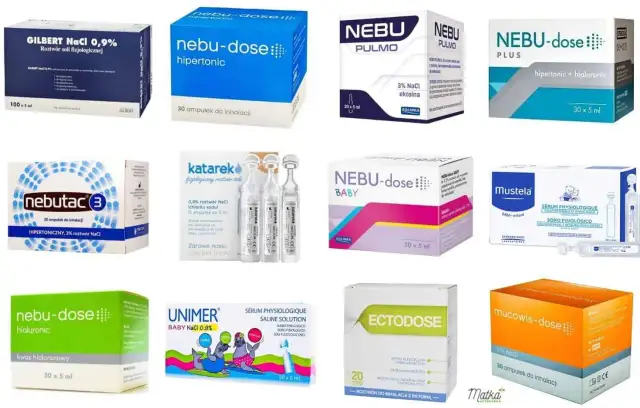 Różne opakowania soli do inhalacji: Nebu-dose, Nebutac, Katarek, Ectodose, Mucowis-dose, Mustela, Unimer.