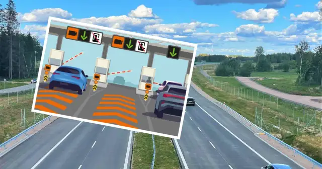 Ilustracja przedstawia bramki poboru opłat na autostradzie z samochodami i znakami.