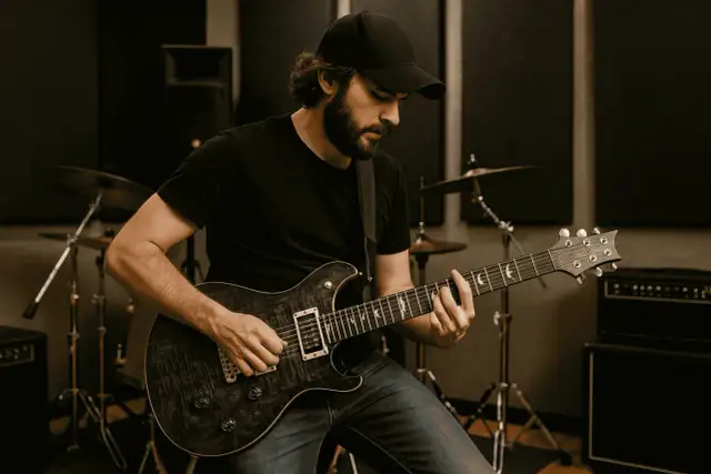 Mężczyzna w czapce z daszkiem gra na gitarze elektrycznej w studiu. Idealny obraz, by dowiedzieć się, jak zacząć grać na gitarze elektrycznej.