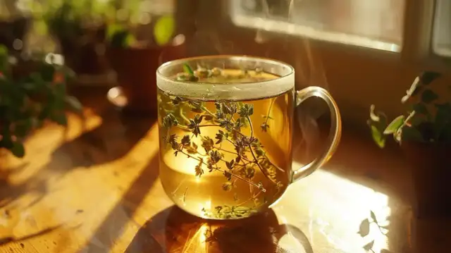 Ciepły napar z tymianku w szklanej filiżance, parujący w promieniach słońca.