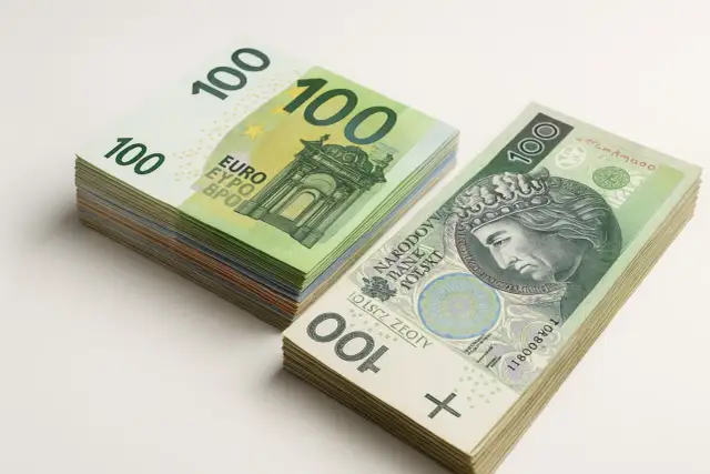 Stos banknotów 100 euro i 100 złotych. Zastanawiasz się, za ile można sprzedać euro?