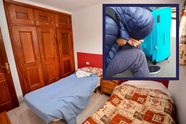 Pokój z dwoma łóżkami i dużą drewnianą szafą, w rogu zdjęcie osoby z walizką.