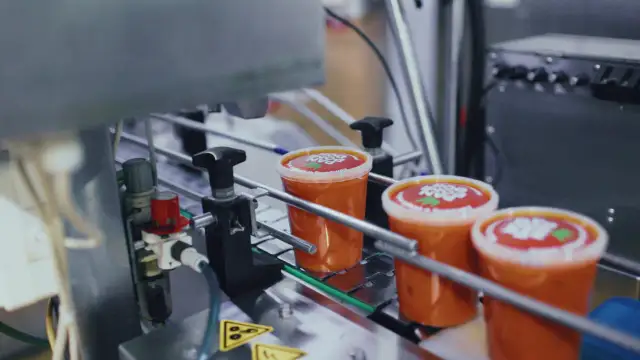 Linia produkcyjna z zupami w plastikowych kubkach z czerwonymi etykietami.