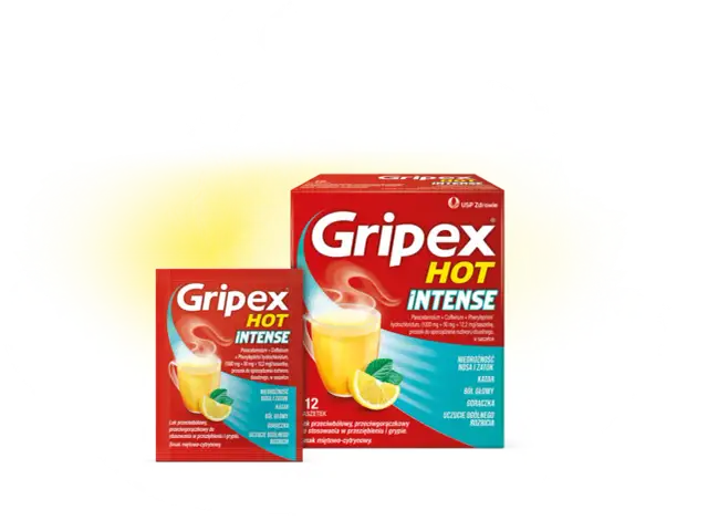 Opakowanie i saszetka leku Gripex Hot Intense z cytryną i parującym napojem.