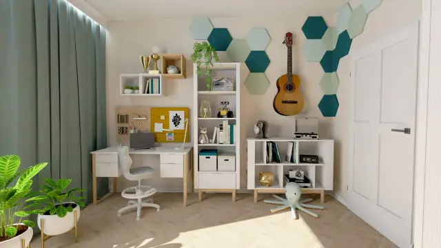 Pokój 9 latka: biurko, regały, gitara i pluszowa ośmiornica tworzą przytulną przestrzeń do nauki i zabawy.