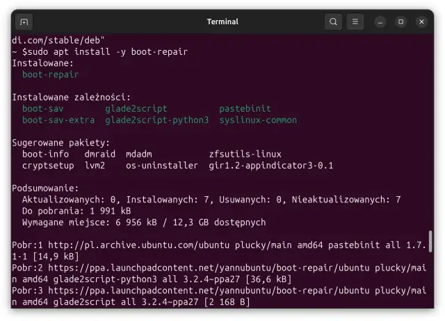 Terminal z instalacją pakietu boot-repair, który może pomóc w naprawie GRUB-a po instalacji Windows.