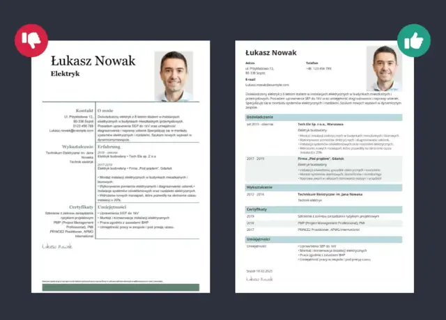 Zdjęcie przedstawia dwa przykładowe CV elektryka, z portretem kandydata i danymi kontaktowymi.