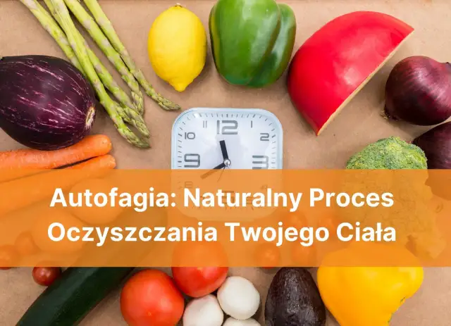 Autofagia: Naturalny proces oczyszczania. Zegar i świeże warzywa symbolizują zdrowie i odnowę.