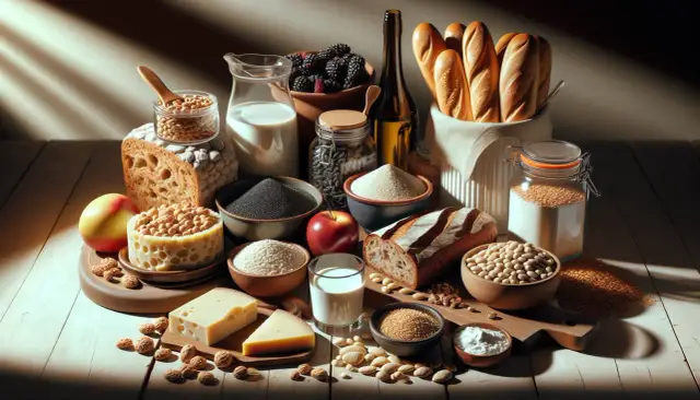 Chleb, bułki, mleko, owoce, ser, orzechy i różne rodzaje mąki i ziaren.
