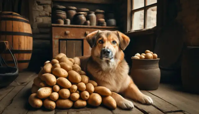 Czy pies może jeść ziemniaki? Ten pies leży obok góry ziemniaków, zastanawiając się nad ich smakiem.