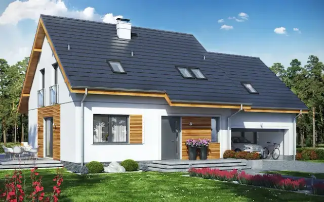 Projekt domu parterowego 120 m² z garażem i poddaszem użytkowym - szafranowy z katalogu Muratora