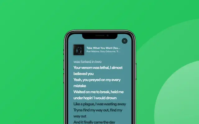 Ekran telefonu z widocznymi tekstami piosenki na Spotify.