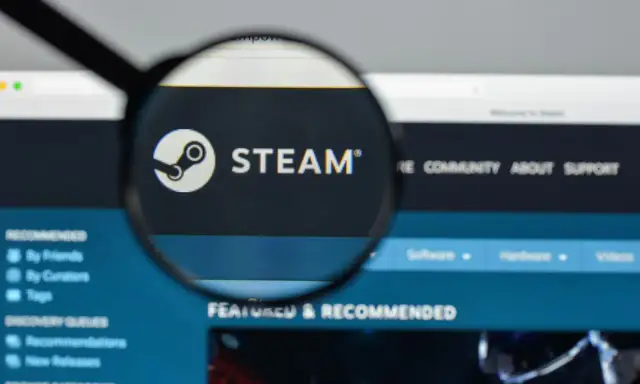 Lupa powiększająca logo Steam i napis "STEAM" na ekranie komputera.