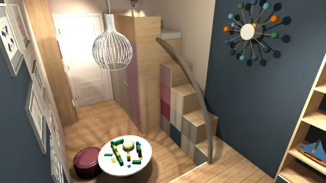 Kreatywny pokój dziecięcy 8m2 z kolorowym zegarem, schodkami i klockami na stoliku.