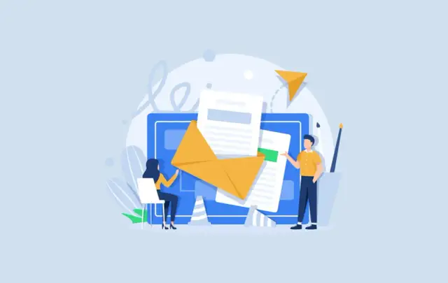 Ilustracja przedstawia ludzi i kopertę z dokumentami, symbolizującą wysyłanie CV.