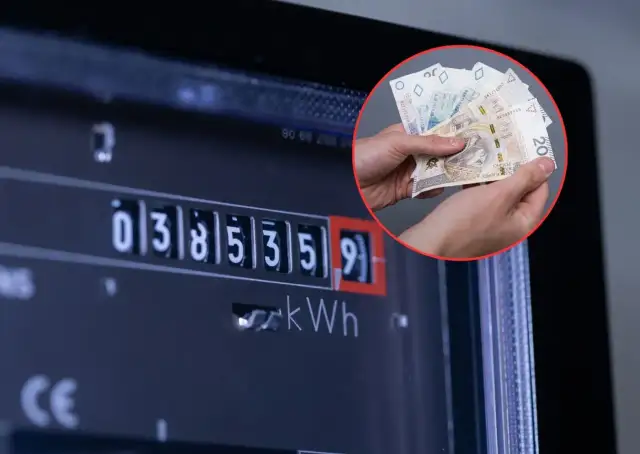Liczniki energii elektrycznej i polskie banknoty symbolizują rosnące ceny prądu w Polsce.