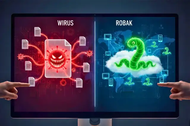 Wirus atakuje pliki, a zielony robak rozprzestrzenia się po sieci, symbolizując zagrożenia cyfrowe.