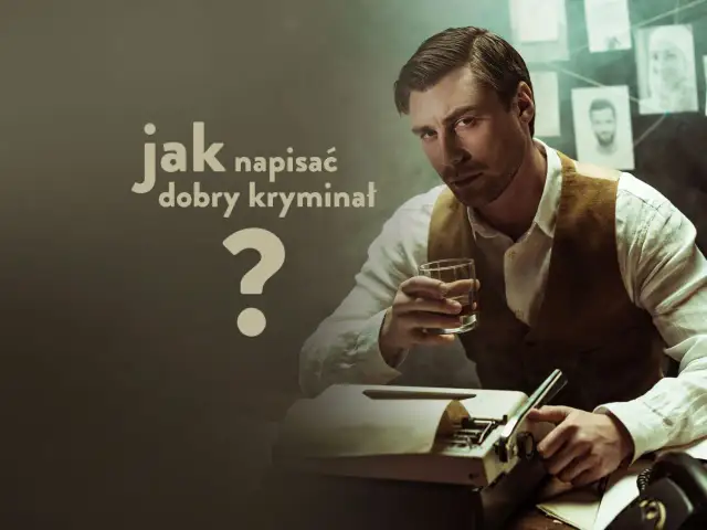 Mężczyzna z drinkiem przy maszynie do pisania, zastanawia się, jak napisać kryminał. Na ścianie wiszą zdjęcia.