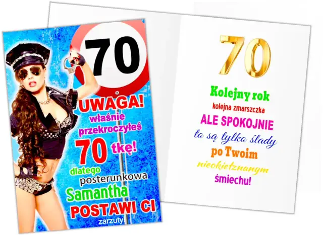 Kobieta w stroju policjantki z kajdankami i znakiem "70" - idealne na śmieszne życzenia na 70 lat!