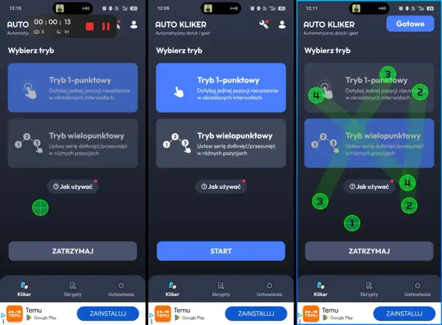 Ekran aplikacji auto clicker z opcjami trybu 1-punktowego i wielopunktowego. Widoczne są przyciski "Start", "Zatrzymaj" i "Gotowe".