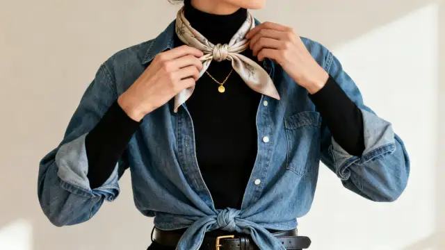 Koszula jeansowa stylizacje: czarny golf, jedwabna apaszka i złoty naszyjnik tworzą elegancki look.