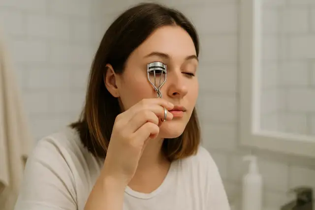 Kobieta używa zalotki do rzęs, aby podkręcić swoje rzęsy.