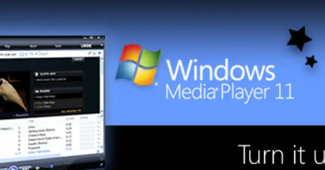 Okno Windows Media Player 11 z logo i gwiazdkami.