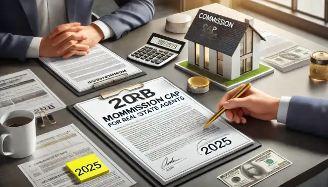 Biurko z dokumentami, kalkulatorem, domkiem i pieniędzmi, symbolizujące prowizje w nieruchomościach.