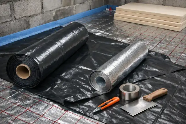 Dwie rolki folii, czarna i srebrna, gotowe do ułożenia jako jaka folia pod wylewkę. Obok nożyk i kielnia.