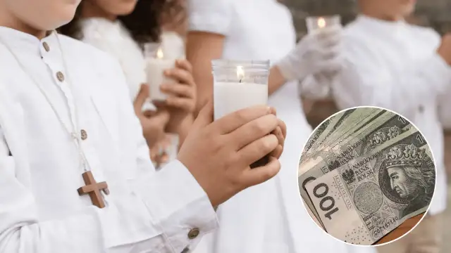 Dzieci w białych strojach z komunii trzymają świece, obok w kółku polskie banknoty 100 zł.