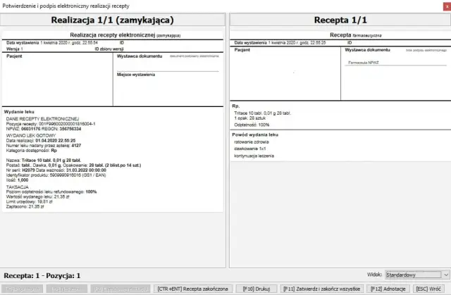 Elektroniczna recepta farmaceutyczna z realizacją leku Tritace. Pokazuje dane pacjenta, leku i transakcji.
