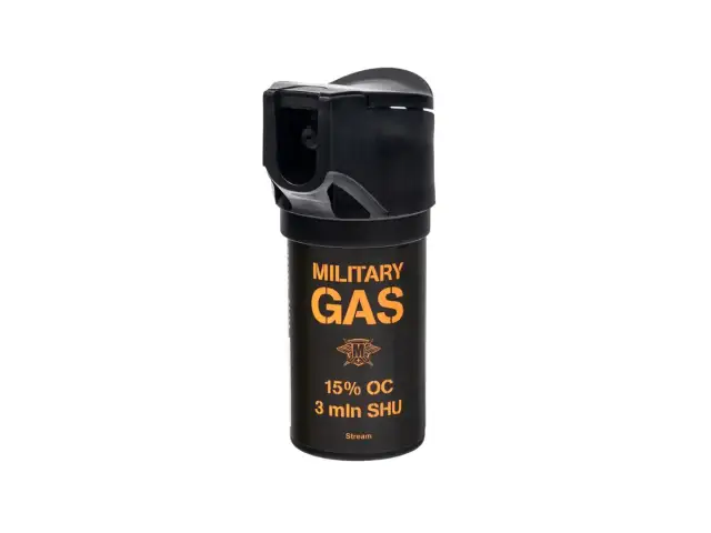 Czarny gaz pieprzowy "MILITARY GAS" z pomarańczowym napisem, na białym tle.