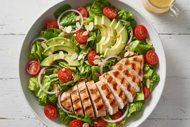 Pyszna sałatka z kurczakiem, awokado, pomidorkami i migdałami. Idealna na lekki posiłek.