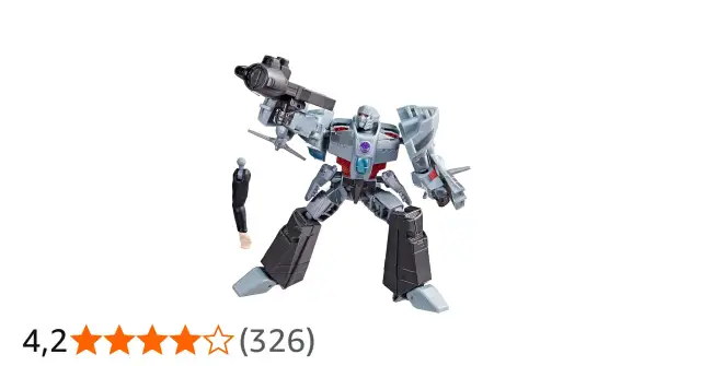 Szara zabawka Megatron z pistoletem i małą postacią obok.