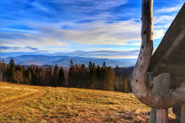 Górski krajobraz z lasem, polaną i drewnianą konstrukcją na pierwszym planie.