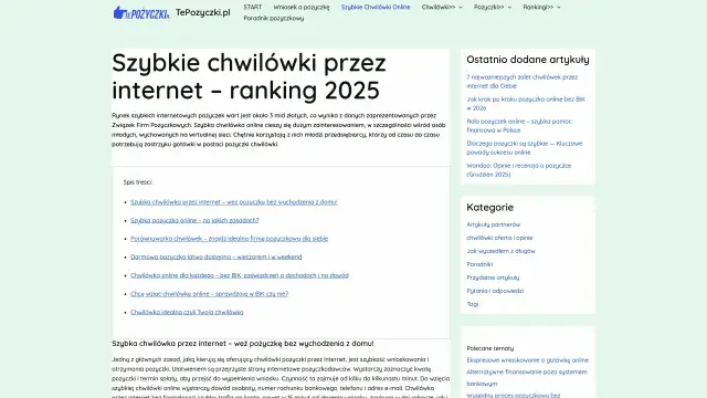 Grafika przedstawia fragment strony internetowej z nagłówkiem "Szybkie chwilówki przez internet - ranking 2025".