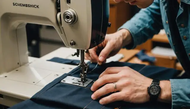 Dłonie mężczyzny szyjącego na maszynie do szycia ciemne spodnie.