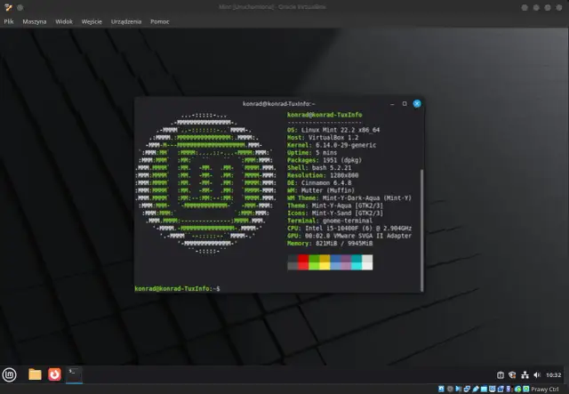 Terminal z informacjami o systemie Linux Mint, idealny do gier. Widać logo Tuxa i szczegóły sprzętu.