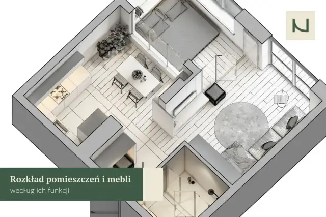 Rozkład mieszkania w bloku z elementami feng shui: kuchnia, jadalnia, salon i sypialnia.