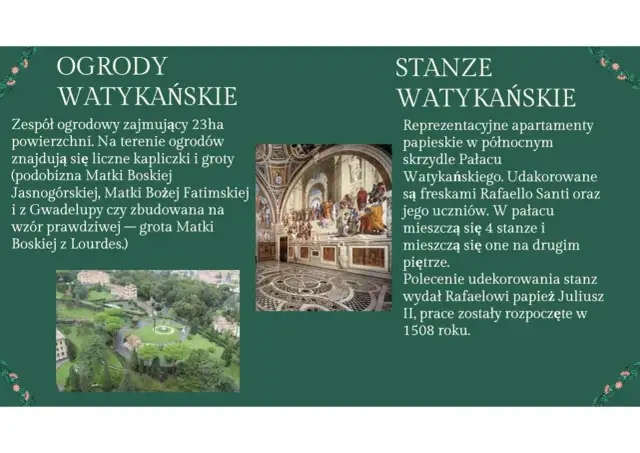 Dwa obrazy: Ogrody Watykańskie i Stanza della Segnatura z freskiem Rafaela.
