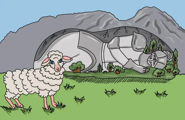 Owca patrzy na śpiącego rycerza, którego zbroja zrasta się z górami. To scena z legendy o śpiącym rycerzu.