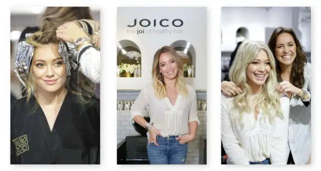 Hilary Duff przechodzi regenerację włosów u fryzjera. Włosy są zawinięte w folię, a potem widać ją z piękną fryzurą.
