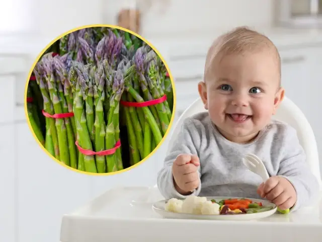 Uśmiechnięty niemowlak w krzesełku z widelcem, obok pęczek zielonych szparagów dla niemowlaka na talerzu.